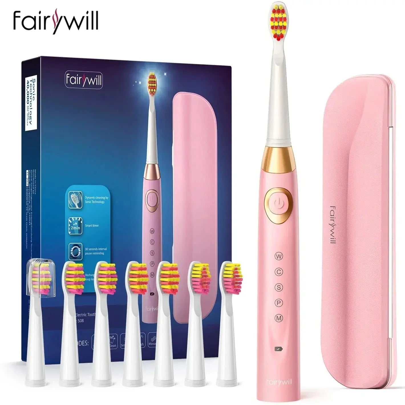 Fairywill Electric Sonic Toothbrush 5 Modes Replacement Heads Waterproof Travel Case Powerful Cleaning Soft Heads Toothbrush Set, Ships From - Russian Federation - MaJuah