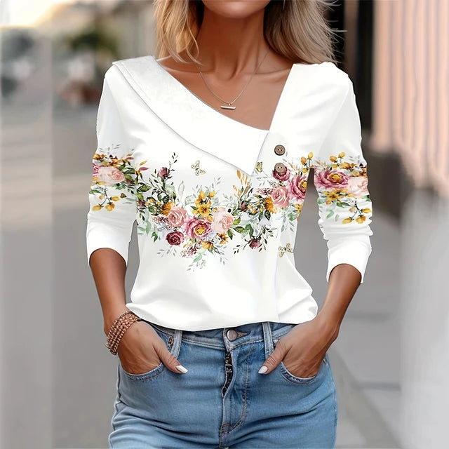 Women Fashion Long Sleeve Top White Floral Print Shirts And Blouses 3D Print Clothes For Women 2024