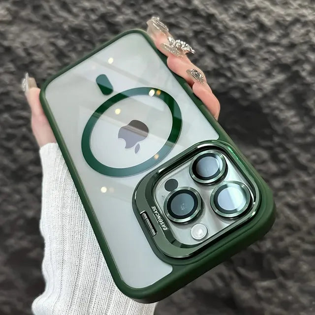 Luxury Magnetic Shockproof Phone Case for iPhone 15 14 13 12 11 Pro Max with Magsafe, Stand, Glass Lens Protector, and Back Cover