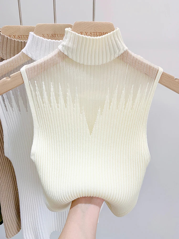 Mesh Knitted Top Women Y2K Tank Top Half Neck Vest Female Sleeveless Sweater Chic Cut Out Streetwear Solid Skinny Tube Top MaJuah