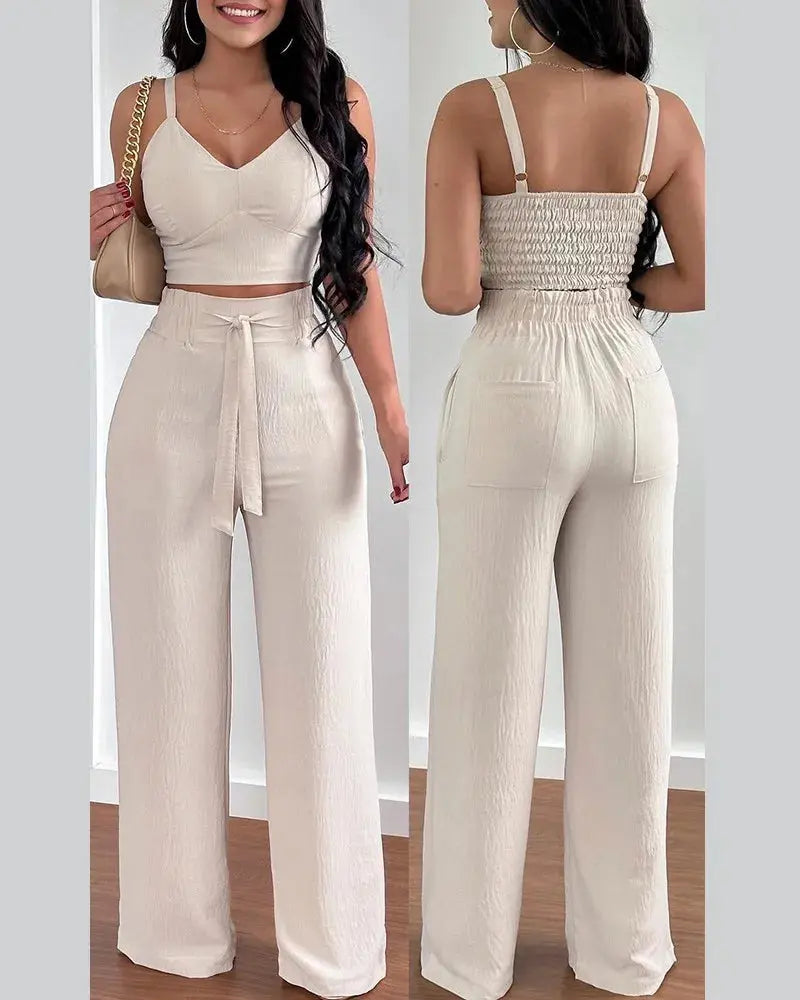 2 Piece Outfits For Women 2025 Sexy V-Neck Strap Shirred Slim Crop Top & Lace-up Wide Leg Pants Sets Elegant Office Lady Suit Confident Woman Store