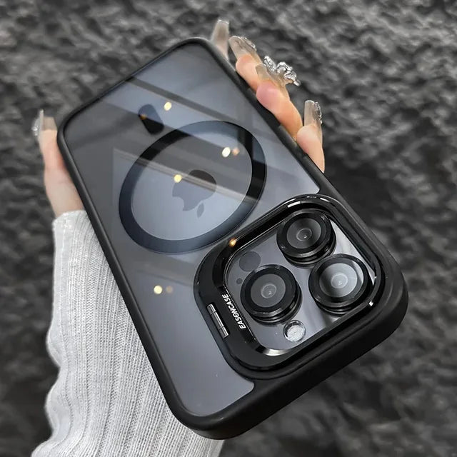 Luxury Magnetic Shockproof Phone Case for iPhone 15 14 13 12 11 Pro Max with Magsafe, Stand, Glass Lens Protector, and Back Cover