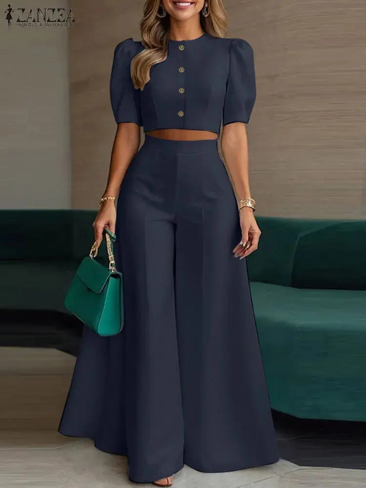 ZANZEA Street Fashion Woman 2 Piece Sets Stylish Short Puff Sleeve Crop Tops Wide Leg Pants 2PCS Outfit Elegant Office Pant Sets ZANZEA Apparels Store