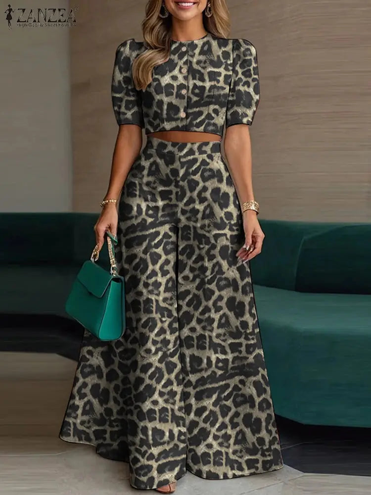 ZANZEA Street Fashion Woman 2 Piece Sets Stylish Short Puff Sleeve Crop Tops Wide Leg Pants 2PCS Outfit Elegant Office Pant Sets ZANZEA Apparels Store