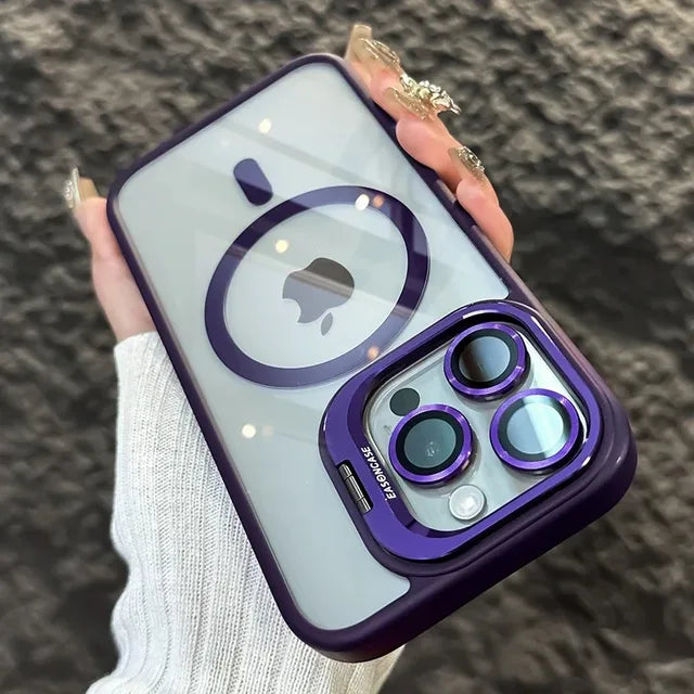 Luxury Magnetic Shockproof Phone Case for iPhone 15 14 13 12 11 Pro Max with Magsafe, Stand, Glass Lens Protector, and Back Cover