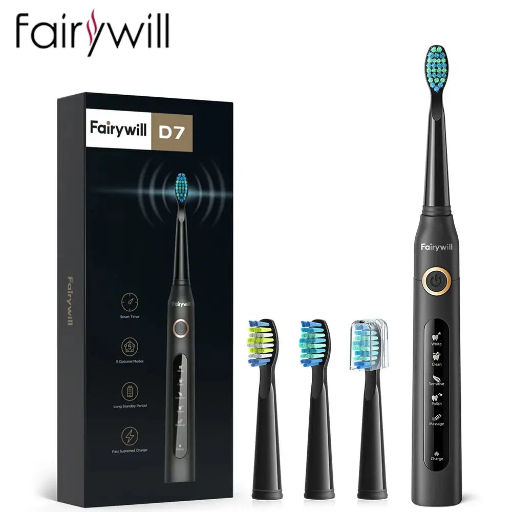 Fairywill Electric Sonic Toothbrush 5 Modes Replacement Heads Waterproof Travel Case Powerful Cleaning Soft Heads Toothbrush Set, Ships From - Russian Federation - MaJuah