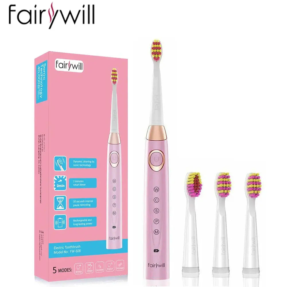 Fairywill Electric Sonic Toothbrush 5 Modes Replacement Heads Waterproof Travel Case Powerful Cleaning Soft Heads Toothbrush Set, Ships From - Russian Federation - MaJuah