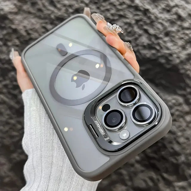 Luxury Magnetic Shockproof Phone Case for iPhone 15 14 13 12 11 Pro Max with Magsafe, Stand, Glass Lens Protector, and Back Cover