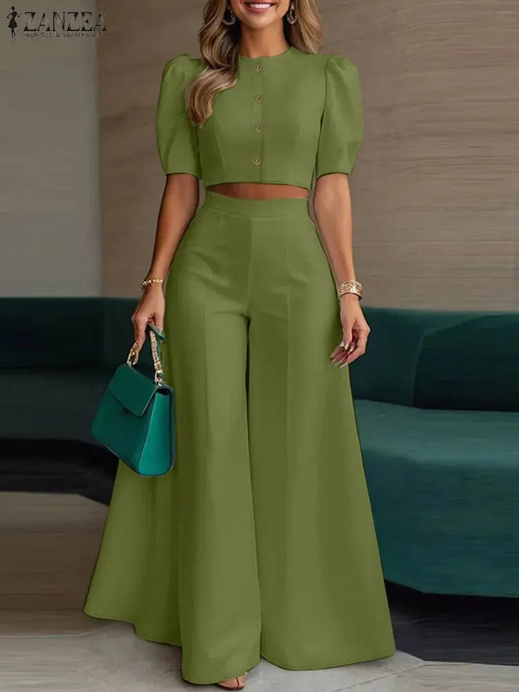 ZANZEA Street Fashion Woman 2 Piece Sets Stylish Short Puff Sleeve Crop Tops Wide Leg Pants 2PCS Outfit Elegant Office Pant Sets ZANZEA Apparels Store