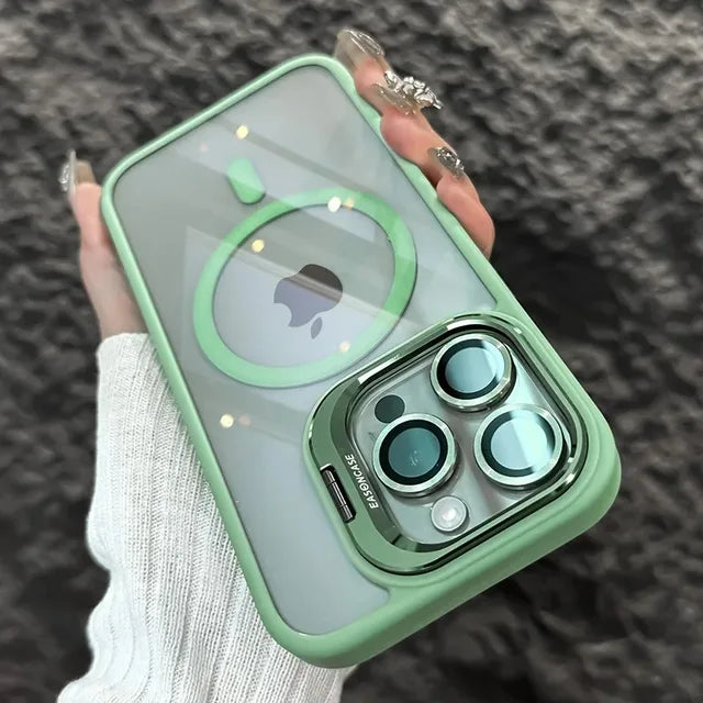 Luxury Magnetic Shockproof Phone Case for iPhone 15 14 13 12 11 Pro Max with Magsafe, Stand, Glass Lens Protector, and Back Cover
