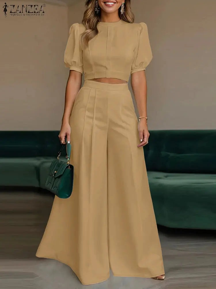 ZANZEA Street Fashion Woman 2 Piece Sets Stylish Short Puff Sleeve Crop Tops Wide Leg Pants 2PCS Outfit Elegant Office Pant Sets ZANZEA Apparels Store