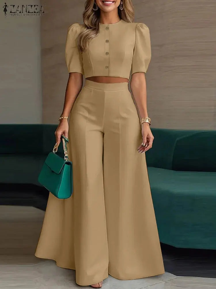 ZANZEA Street Fashion Woman 2 Piece Sets Stylish Short Puff Sleeve Crop Tops Wide Leg Pants 2PCS Outfit Elegant Office Pant Sets ZANZEA Apparels Store