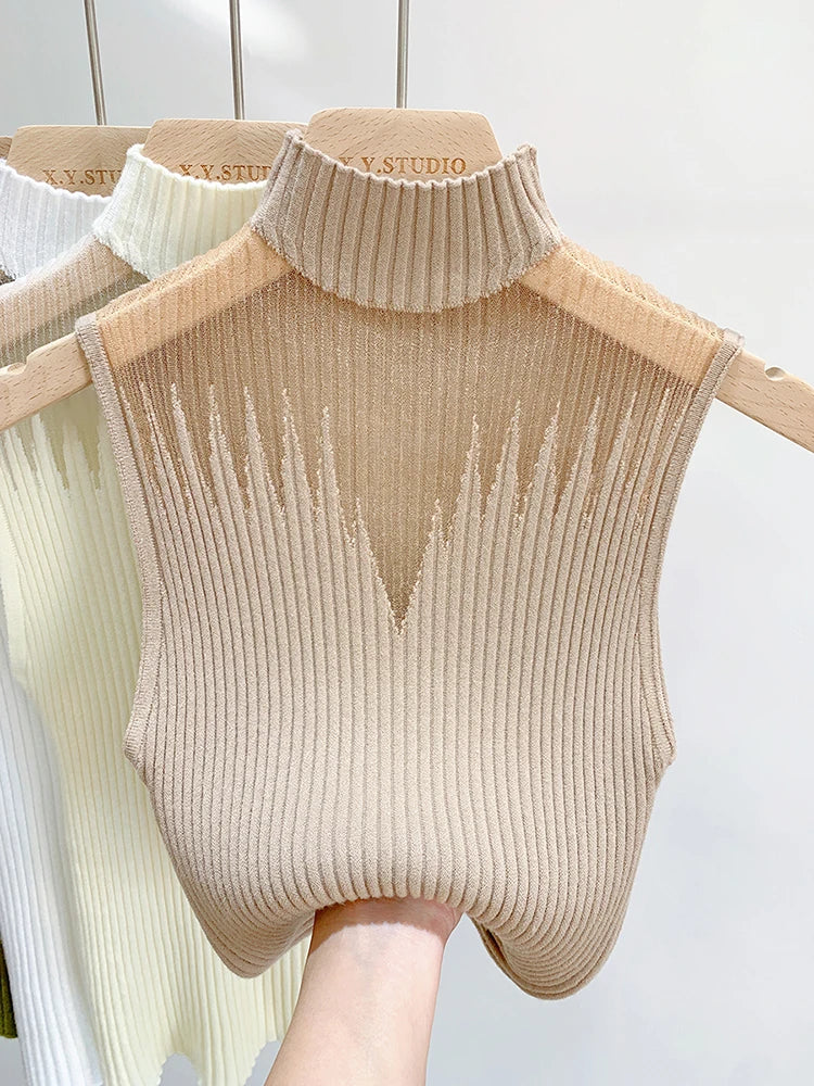 Mesh Knitted Top Women Y2K Tank Top Half Neck Vest Female Sleeveless Sweater Chic Cut Out Streetwear Solid Skinny Tube Top MaJuah