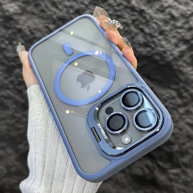 Luxury Magnetic Shockproof Phone Case for iPhone 15 14 13 12 11 Pro Max with Magsafe, Stand, Glass Lens Protector, and Back Cover