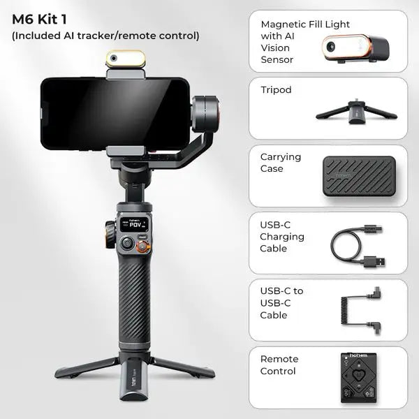 Hohem iSteady M6 Kit Handheld Gimbal Stabilizer Selfie Tripod for Smartphone with AI Magnetic Fill Light Full Color Video Lights