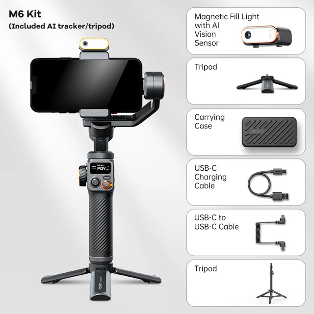 Hohem iSteady M6 Kit Handheld Gimbal Stabilizer Selfie Tripod for Smartphone with AI Magnetic Fill Light Full Color Video Lights