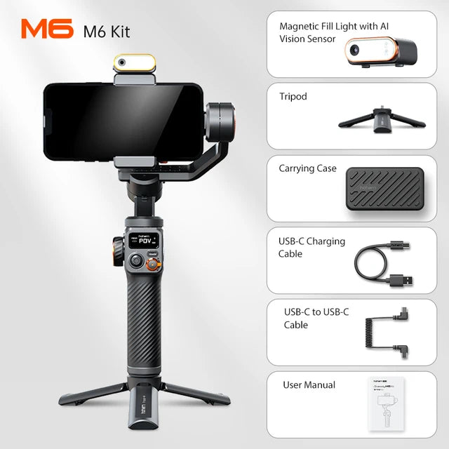 Hohem iSteady M6 Kit Handheld Gimbal Stabilizer Selfie Tripod for Smartphone with AI Magnetic Fill Light Full Color Video Lights