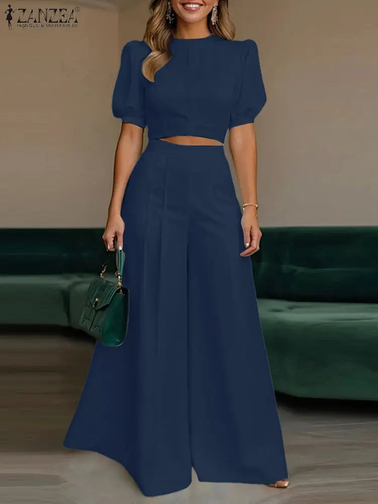 ZANZEA Street Fashion Woman 2 Piece Sets Stylish Short Puff Sleeve Crop Tops Wide Leg Pants 2PCS Outfit Elegant Office Pant Sets ZANZEA Apparels Store