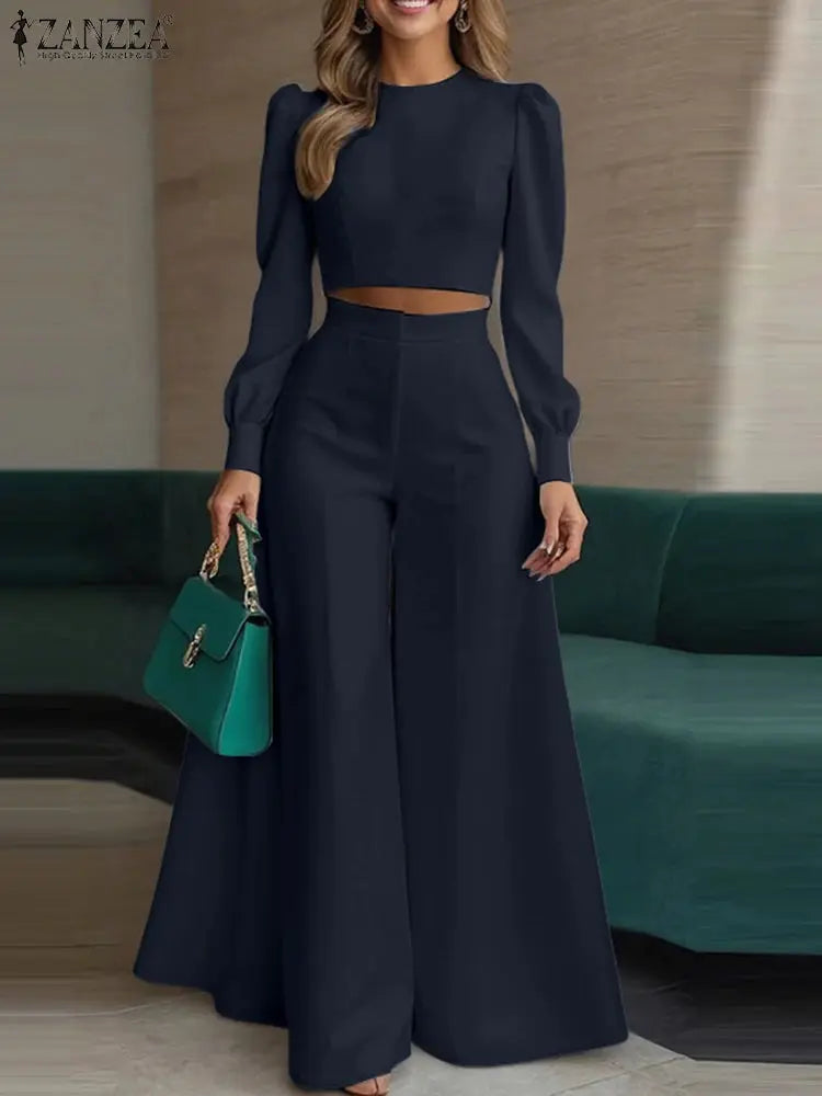 ZANZEA Street Fashion Woman 2 Piece Sets Stylish Short Puff Sleeve Crop Tops Wide Leg Pants 2PCS Outfit Elegant Office Pant Sets ZANZEA Apparels Store