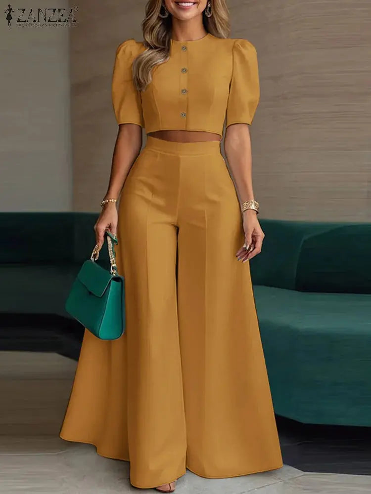 ZANZEA Street Fashion Woman 2 Piece Sets Stylish Short Puff Sleeve Crop Tops Wide Leg Pants 2PCS Outfit Elegant Office Pant Sets ZANZEA Apparels Store