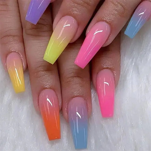 24Pcs/Set Acrylic Long Ballet Press on Nail Tips Coffin Wearing Reusable False Nails Art Colorful Glossy Fake Nails Artificial - MaJuah