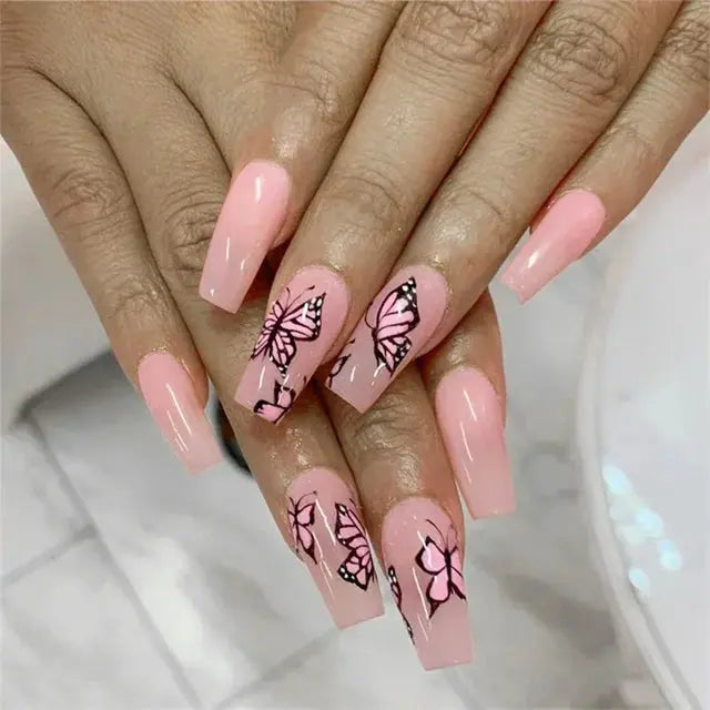 24Pcs/Set Acrylic Long Ballet Press on Nail Tips Coffin Wearing Reusable False Nails Art Colorful Glossy Fake Nails Artificial - MaJuah