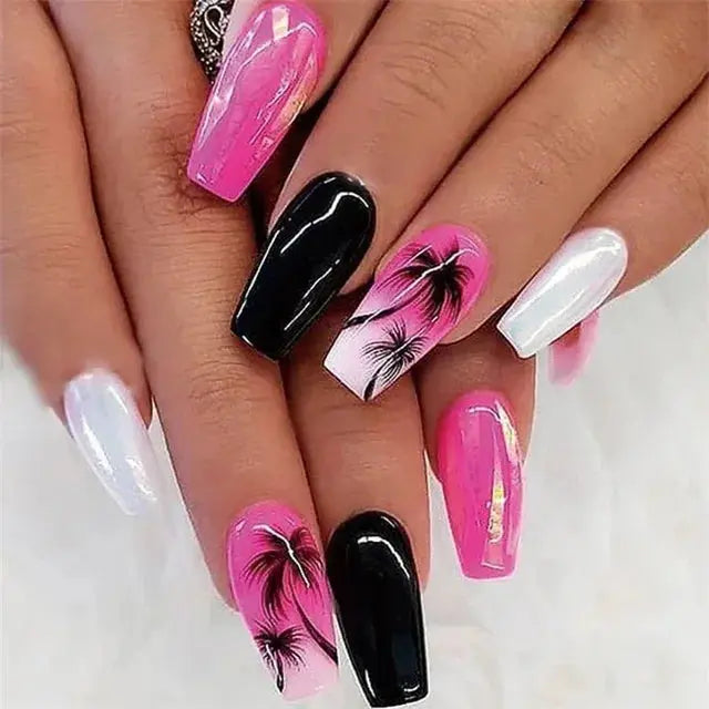 24Pcs/Set Acrylic Long Ballet Press on Nail Tips Coffin Wearing Reusable False Nails Art Colorful Glossy Fake Nails Artificial - MaJuah