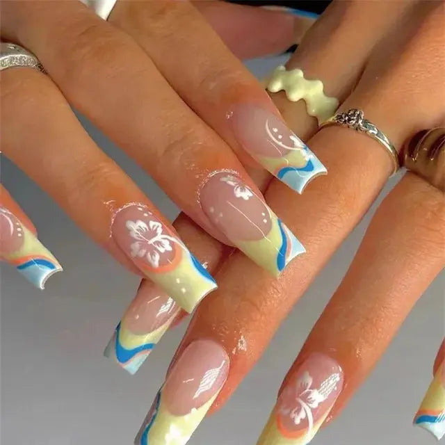 24Pcs/Set Acrylic Long Ballet Press on Nail Tips Coffin Wearing Reusable False Nails Art Colorful Glossy Fake Nails Artificial - MaJuah