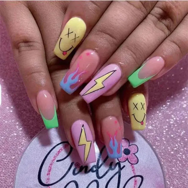 24Pcs/Set Acrylic Long Ballet Press on Nail Tips Coffin Wearing Reusable False Nails Art Colorful Glossy Fake Nails Artificial - MaJuah
