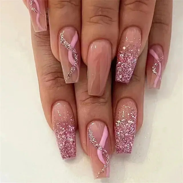 24Pcs/Set Acrylic Long Ballet Press on Nail Tips Coffin Wearing Reusable False Nails Art Colorful Glossy Fake Nails Artificial - MaJuah