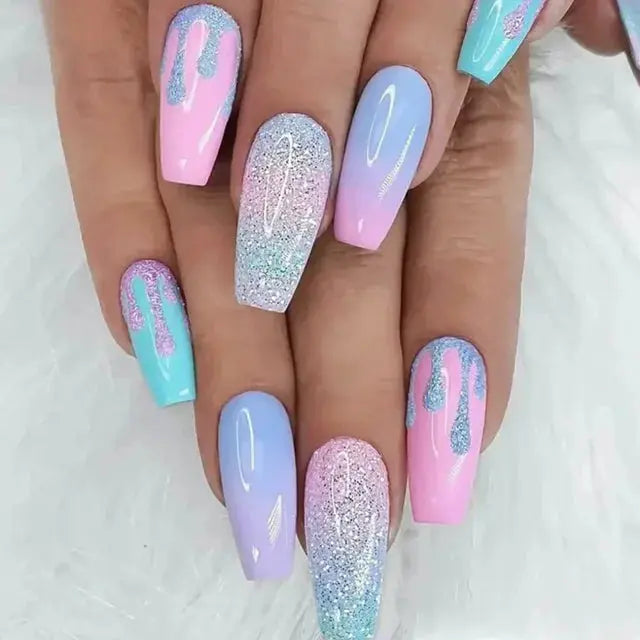 24Pcs Gradient Acrylic Fake Nails Art Long Ballet Wearing Nails Fake Press on Nail Tips Full Cover Removable French False Nails - MaJuah