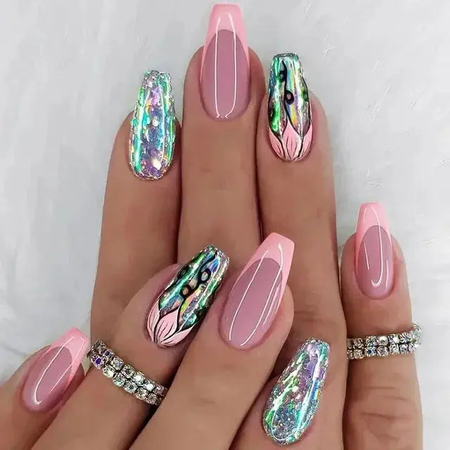 24Pcs/Set Acrylic Long Ballet Press on Nail Tips Coffin Wearing Reusable False Nails Art Colorful Glossy Fake Nails Artificial - MaJuah