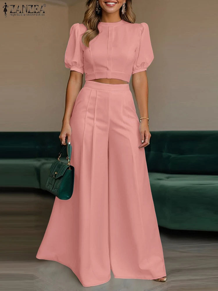 ZANZEA Street Fashion Woman 2 Piece Sets Stylish Short Puff Sleeve Crop Tops Wide Leg Pants 2PCS Outfit Elegant Office Pant Sets ZANZEA Apparels Store