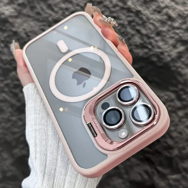 Luxury Magnetic Shockproof Phone Case for iPhone 15 14 13 12 11 Pro Max with Magsafe, Stand, Glass Lens Protector, and Back Cover