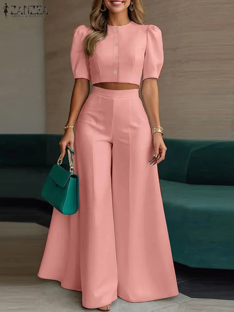 ZANZEA Street Fashion Woman 2 Piece Sets Stylish Short Puff Sleeve Crop Tops Wide Leg Pants 2PCS Outfit Elegant Office Pant Sets ZANZEA Apparels Store