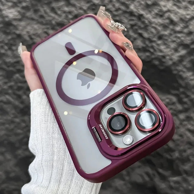 Luxury Magnetic Shockproof Phone Case for iPhone 15 14 13 12 11 Pro Max with Magsafe, Stand, Glass Lens Protector, and Back Cover
