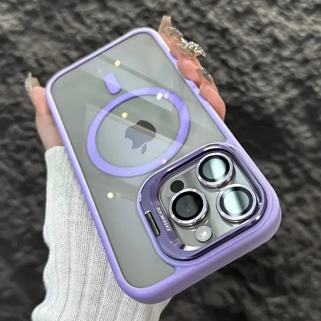 Luxury Magnetic Shockproof Phone Case for iPhone 15 14 13 12 11 Pro Max with Magsafe, Stand, Glass Lens Protector, and Back Cover