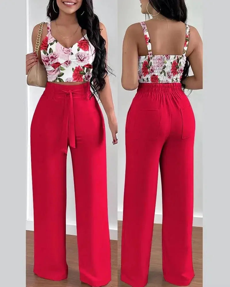 2 Piece Outfits For Women 2025 Sexy V-Neck Strap Shirred Slim Crop Top & Lace-up Wide Leg Pants Sets Elegant Office Lady Suit Confident Woman Store