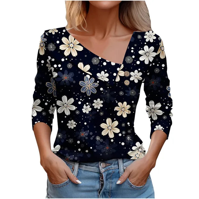 Women Fashion Long Sleeve Top White Floral Print Shirts And Blouses 3D Print Clothes For Women 2024
