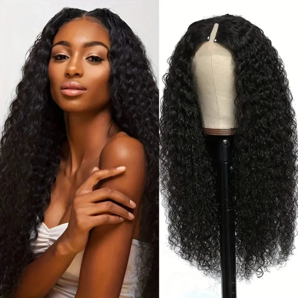 Upgraded V Part Wig Kinky Curly Wig Brazilian 32inch Natural Color Deep Wave Human Remy Hair For Women - MaJuah