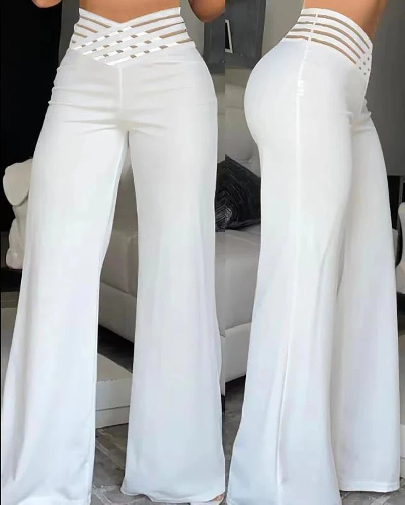 Women Flared Pants Elegant Office Lady Casual High Waist Trousers Spring Summer Solid Crisscross Sheer Mesh Patch Wide Leg Pant MaJuah