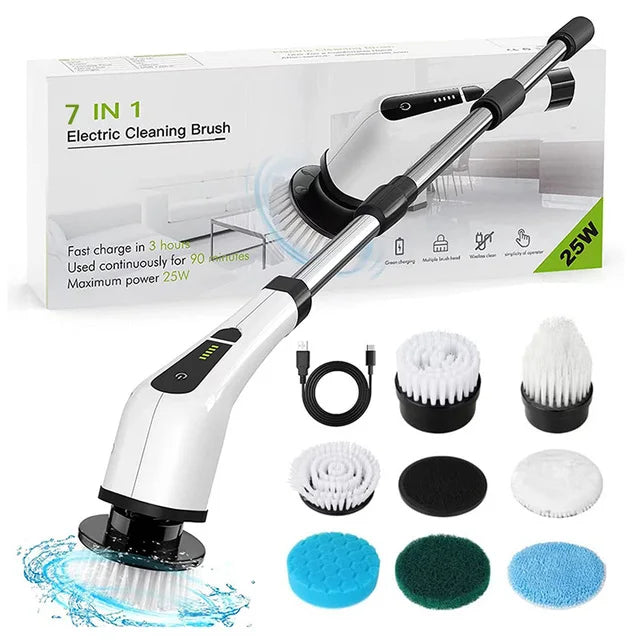 Electric Spin Scrubber Cleaning Turbo Scrub Brush with 7 Replacement Brush Heads Adjustable Handle Kitchen Bathroom Clean Tools