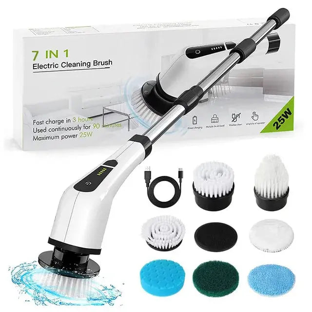 Electric Spin Scrubber Cleaning Turbo Scrub Brush with 7 Replacement Brush Heads Adjustable Handle Kitchen Bathroom Clean Tools - MaJuah