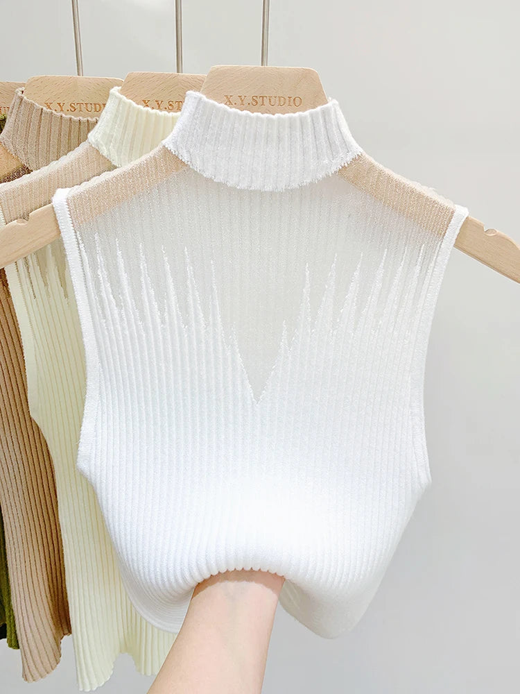 Mesh Knitted Top Women Y2K Tank Top Half Neck Vest Female Sleeveless Sweater Chic Cut Out Streetwear Solid Skinny Tube Top MaJuah