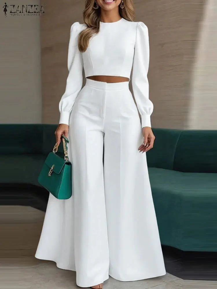 ZANZEA Street Fashion Woman 2 Piece Sets Stylish Short Puff Sleeve Crop Tops Wide Leg Pants 2PCS Outfit Elegant Office Pant Sets ZANZEA Apparels Store
