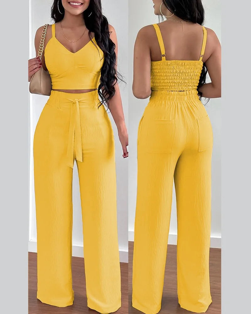 2 Piece Outfits For Women 2025 Sexy V-Neck Strap Shirred Slim Crop Top & Lace-up Wide Leg Pants Sets Elegant Office Lady Suit Confident Woman Store