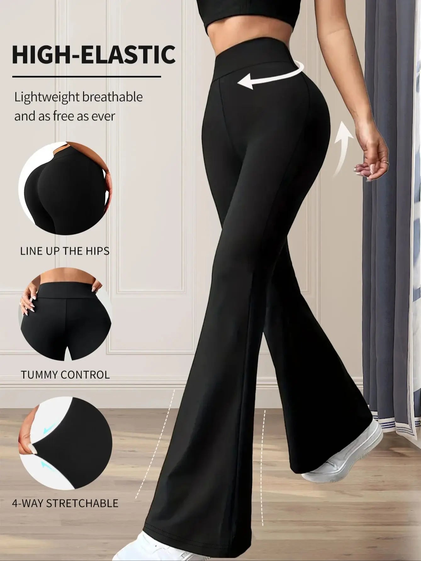 Women's spring and summer high waisted tight fitting flared pants, slim leg long black pants, thin wide leg pants for slim women MaJuah