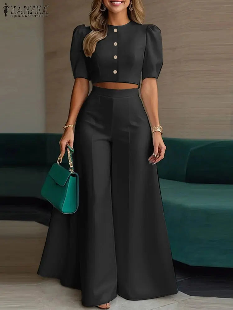 ZANZEA Street Fashion Woman 2 Piece Sets Stylish Short Puff Sleeve Crop Tops Wide Leg Pants 2PCS Outfit Elegant Office Pant Sets ZANZEA Apparels Store