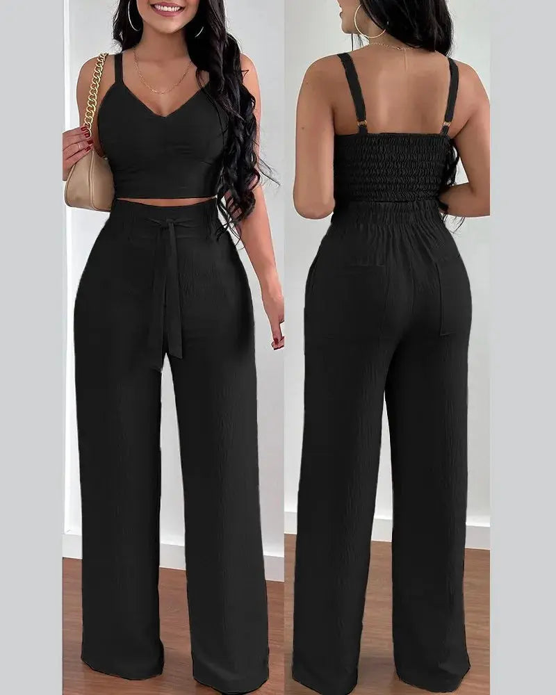 2 Piece Outfits For Women 2025 Sexy V-Neck Strap Shirred Slim Crop Top & Lace-up Wide Leg Pants Sets Elegant Office Lady Suit Confident Woman Store
