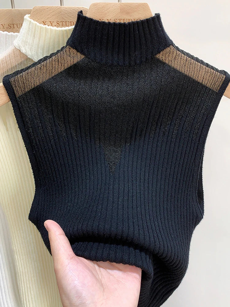 Mesh Knitted Top Women Y2K Tank Top Half Neck Vest Female Sleeveless Sweater Chic Cut Out Streetwear Solid Skinny Tube Top MaJuah